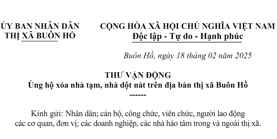 Thư vận động Ủng hộ xóa nhà tạm, nhà dột nát trên địa bàn thị xã Buôn Hồ